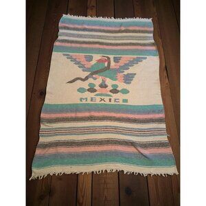Vintage Mexican Handwoven Pastel Cotton Blanket With Eagle & Snake Design
